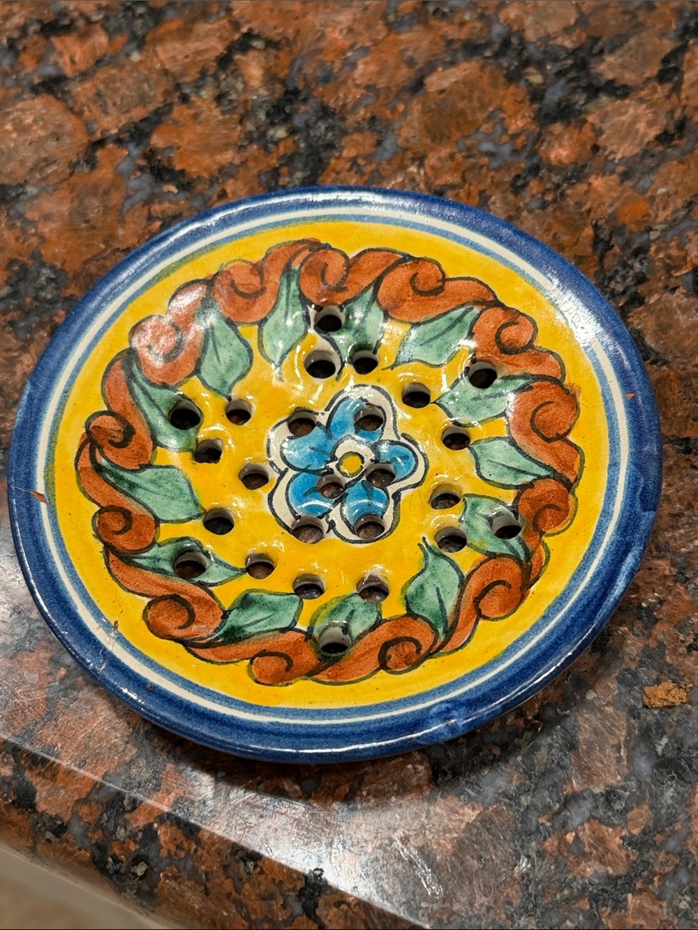 Hand-Painted Yellow Ceramic Decorative Plate with Floral Design damaged